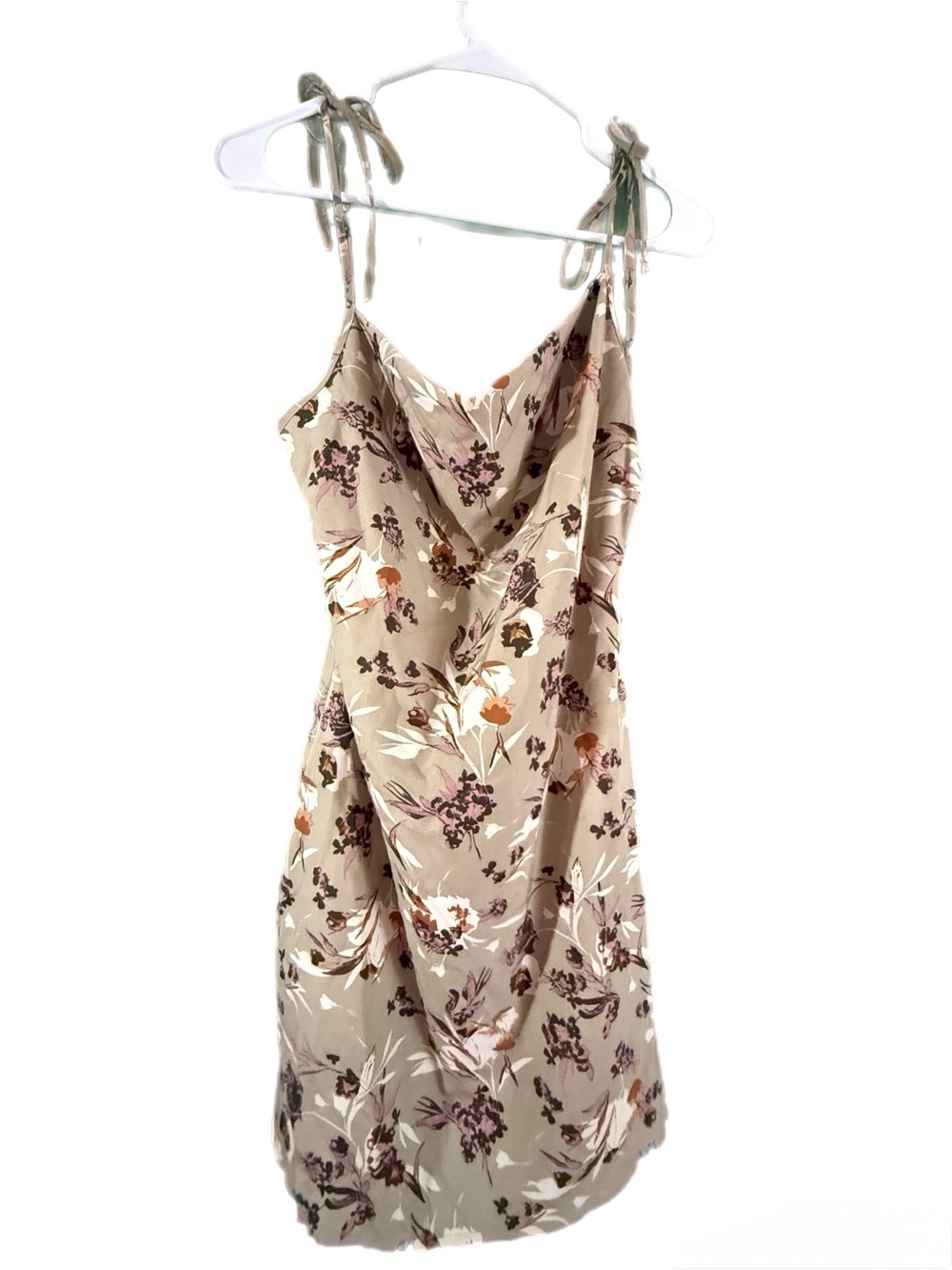Floral Tie-Strap Slip Dress in Beige